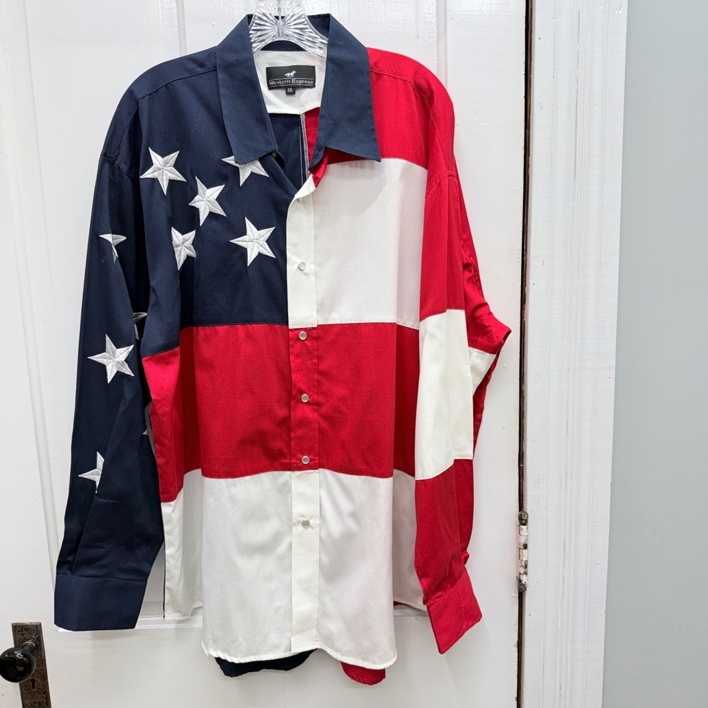 Western Express Mens XXL American Flag Patriotic Pearl‎ Snap Western Shirt Red